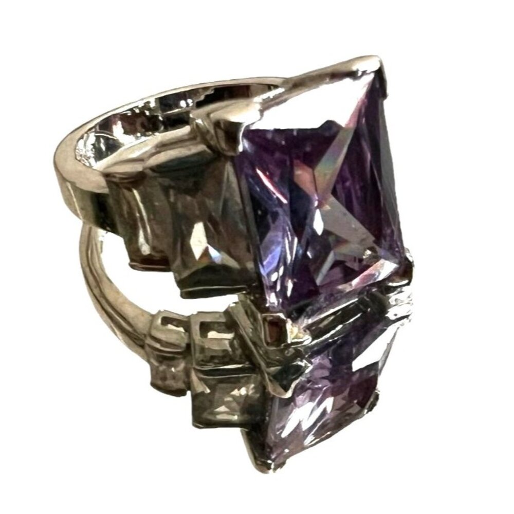 Light Purple and Diamond Baguette Ring Cubic Zirconia Sz 7 Womens Silver Band an